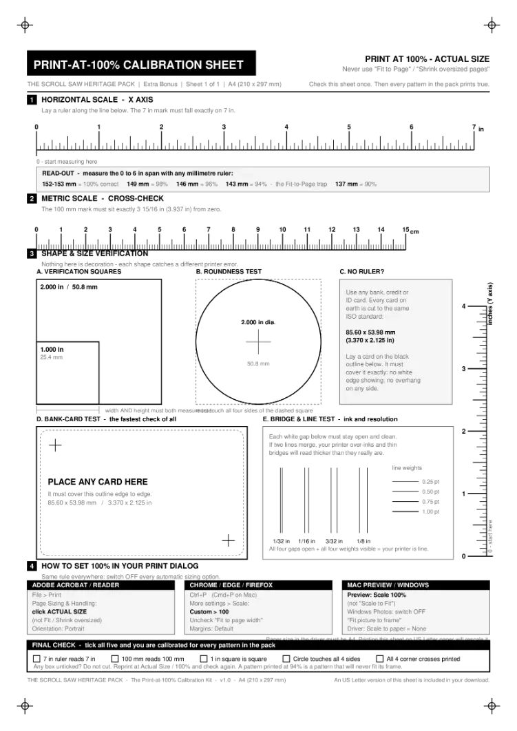 Calibration test sheet and printer-settings card preview