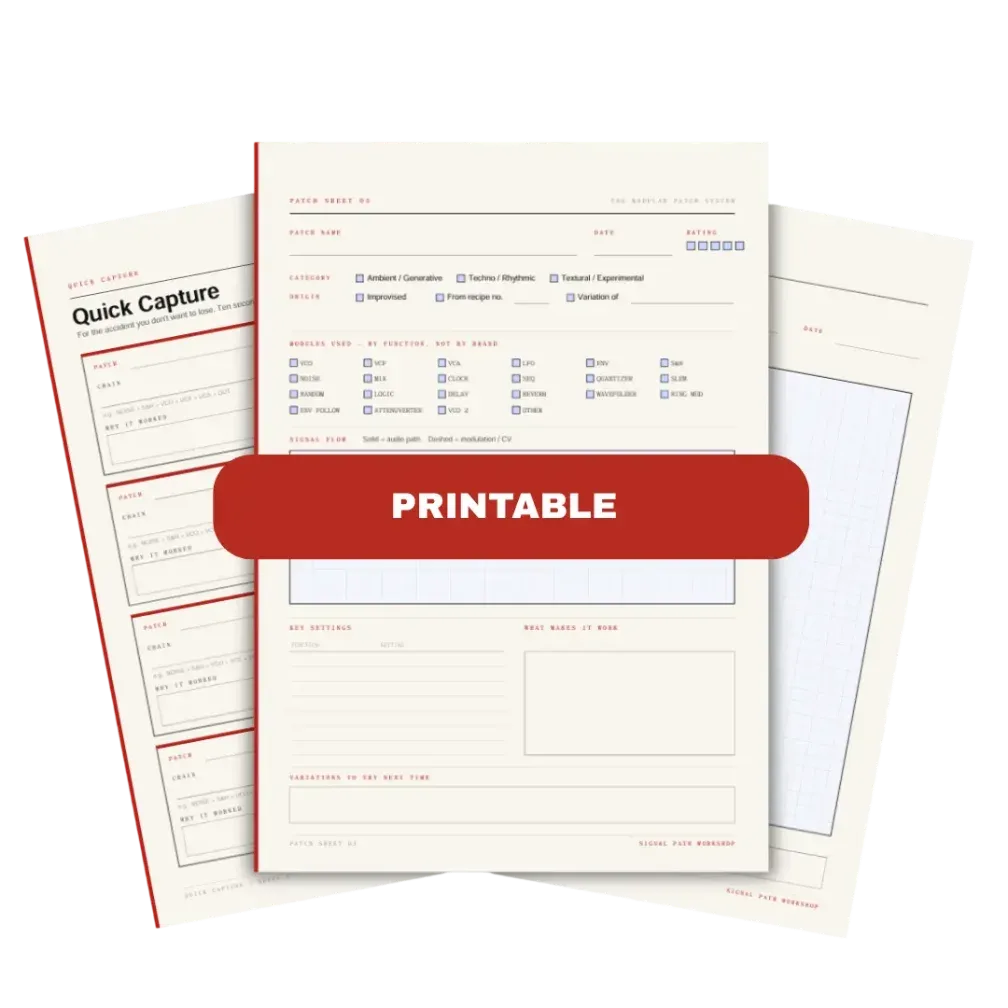 Patch Log sheet preview — blank signal-flow pages