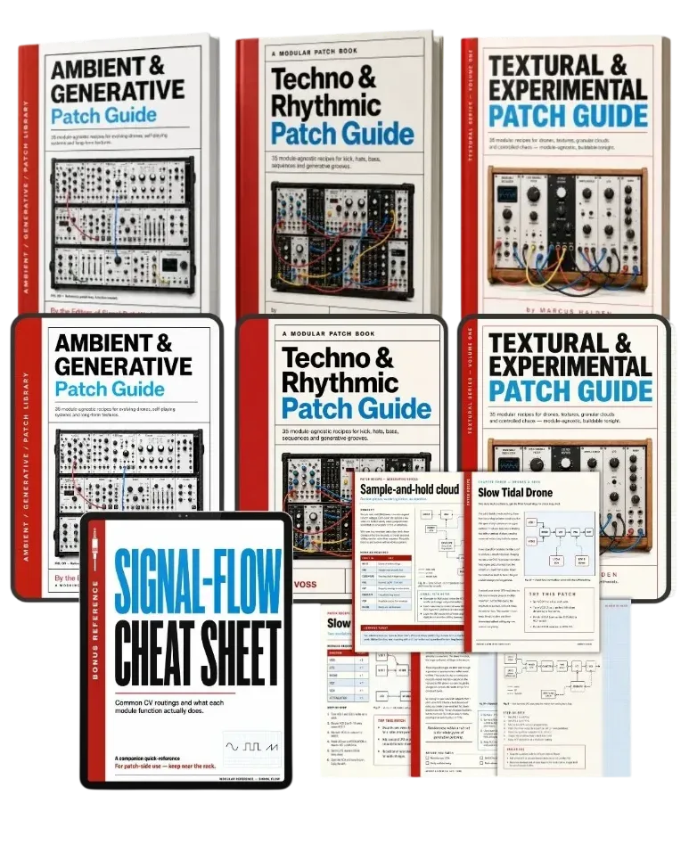 The Modular Patch System — three guide covers and the generator on a tablet beside a Eurorack case